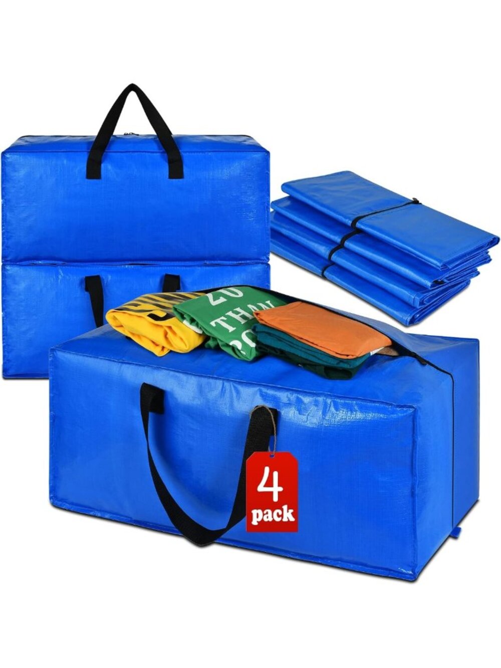 Extra Large Heavy Duty Blue Moving Bags | 4 Pack Zipper Totes for Storage